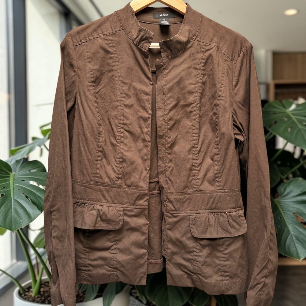 Alfani Womens‎ Brown Linen Blend Pintuck Ruffle Mock Neck Jacket Size 10
